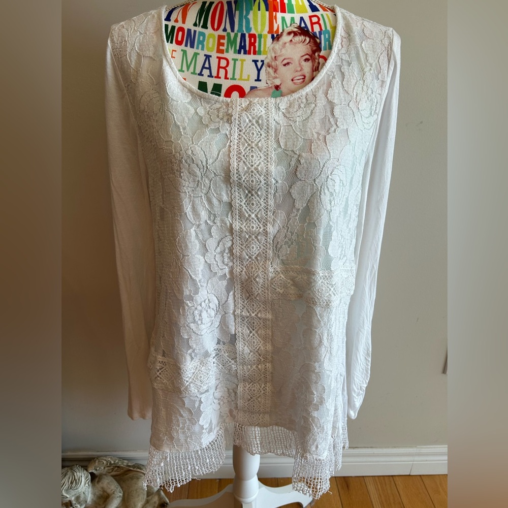 Cupio White Long Sleeve Lace Overlay Top